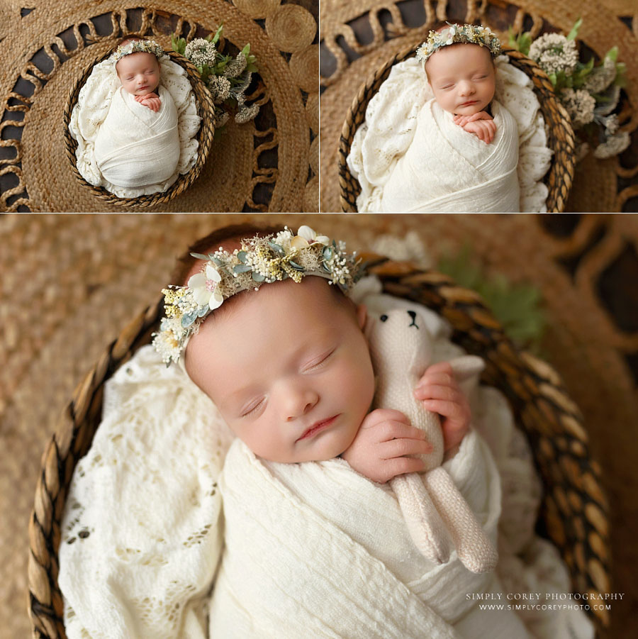 Carrollton newborn photographer in Georgia, baby girl on boho set with jute rug