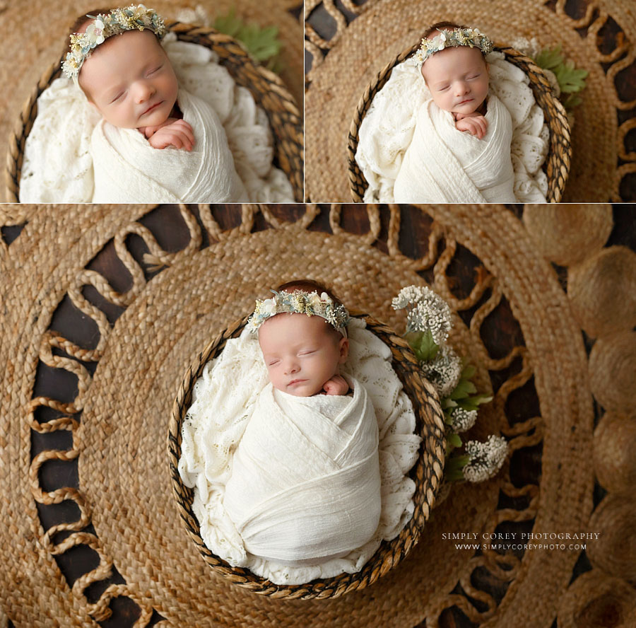 Douglasville newborn photographer, baby girl on jute rug for boho studio set
