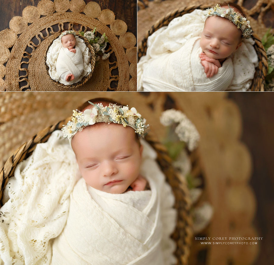 newborn photographer near Villa Rica, baby girl on neutral boho studio set