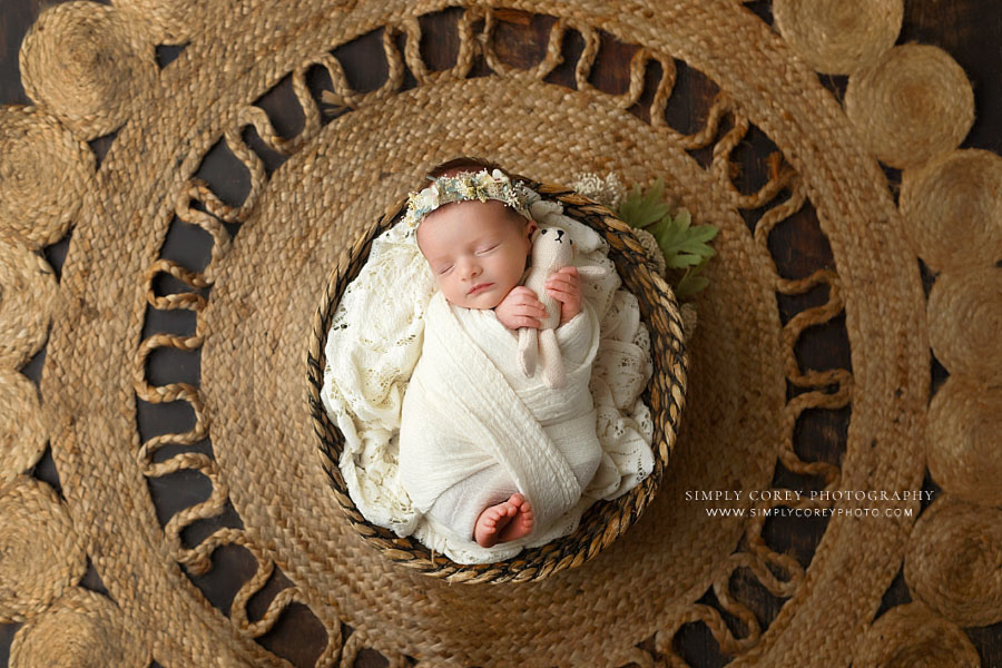 Newnan newborn photographer, baby girl in boho studio set with jute rug