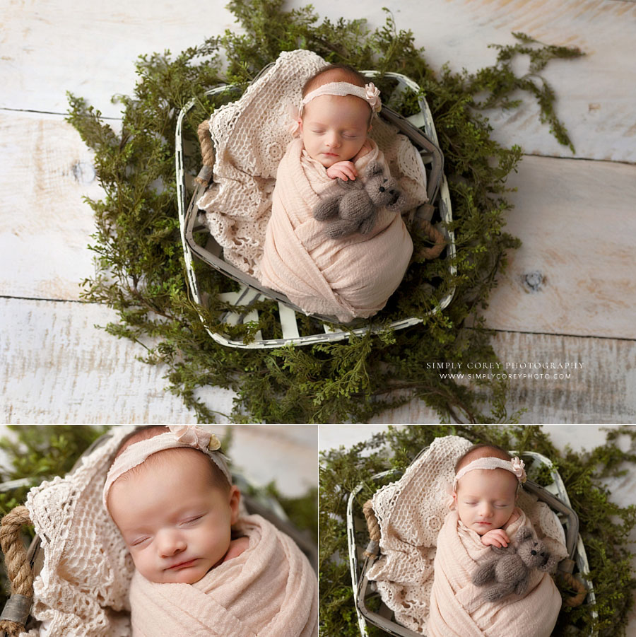 Mableton newborn photographer, baby girl in pink with greenery and teddy bear