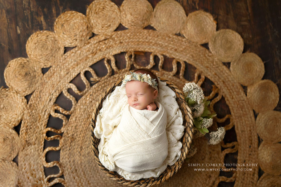 newborn photographer near Peachtree City, neutral boho studio se with circular jute rug