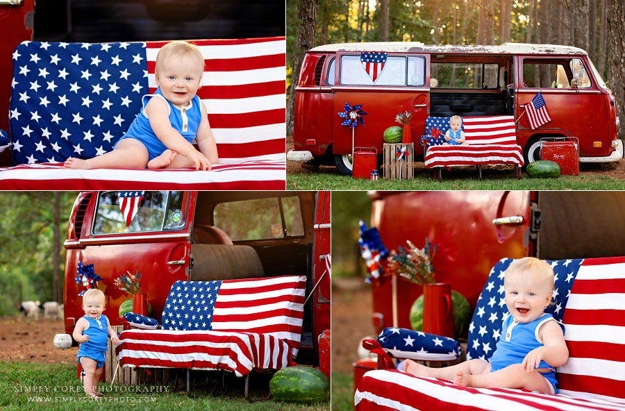 baby photographer near Douglasville, outdoor 4th of July mini session with red VW bus