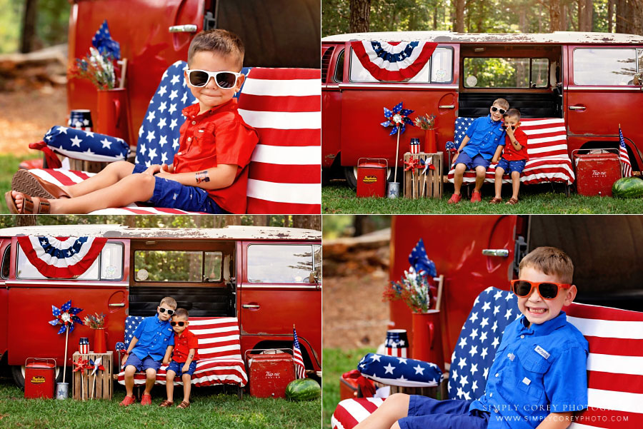 Bremen mini session photographer, kids in sunglasses outside for 4th of July mini session with VW bus