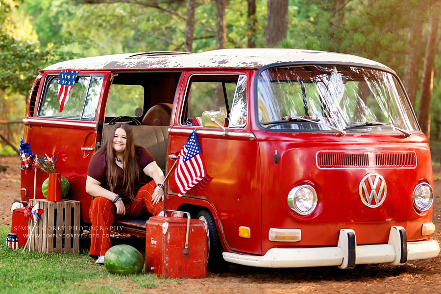 Douglasville mini session photographer, teen outside with VW bus for 4th of July
