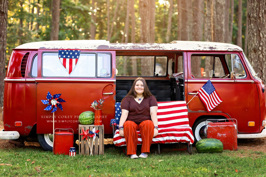 Hiram mini session photographer, teen outside with red VW bus for 4th of July