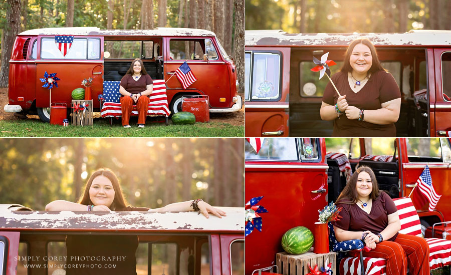 mini session photographer near Bremen, teen outside with red VW bus for 4th of July