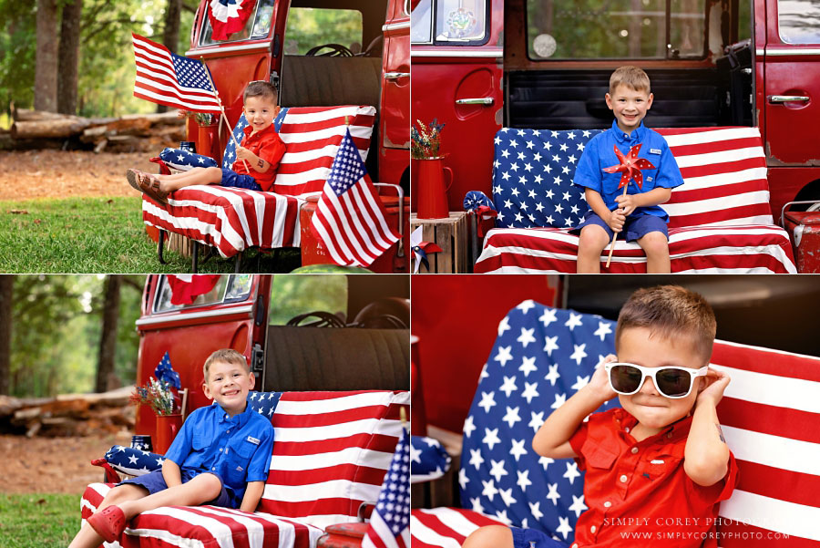 mini session photographer near Mableton, kids outside with red VW bus for 4th of July