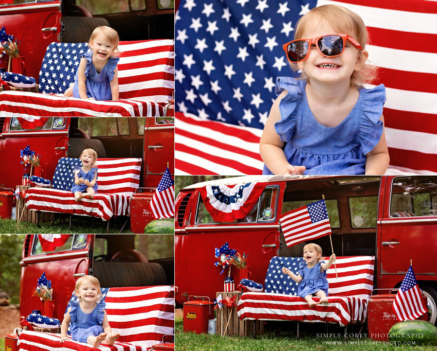 Newnan baby photographer, toddler with VW bus for 4th of July mini session