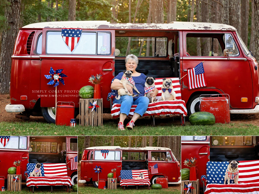 pet photographer near Villa Rica, VW bus 4th of July mini sessions with pug dogs