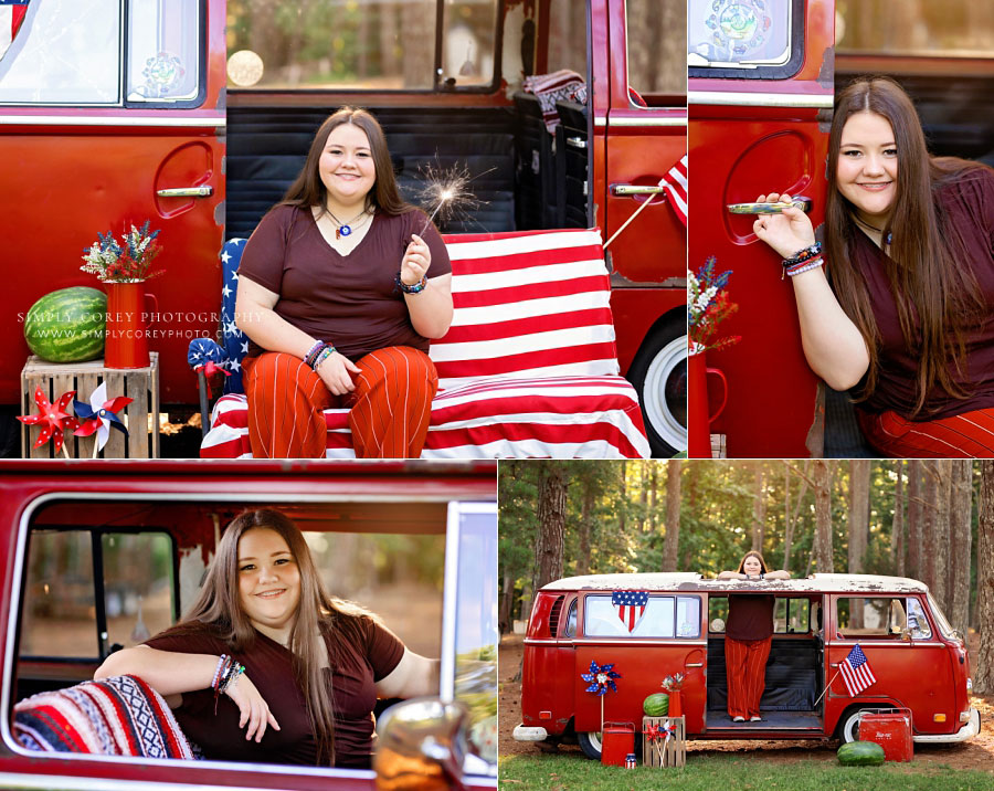 West Georgia mini session photographer, teen outside with VW bus for 4th of July