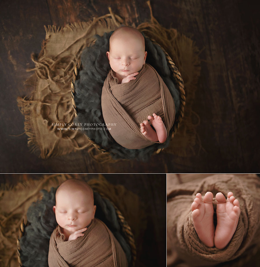 Bremen newborn photographer, baby boy in basket with brown and gray studio set