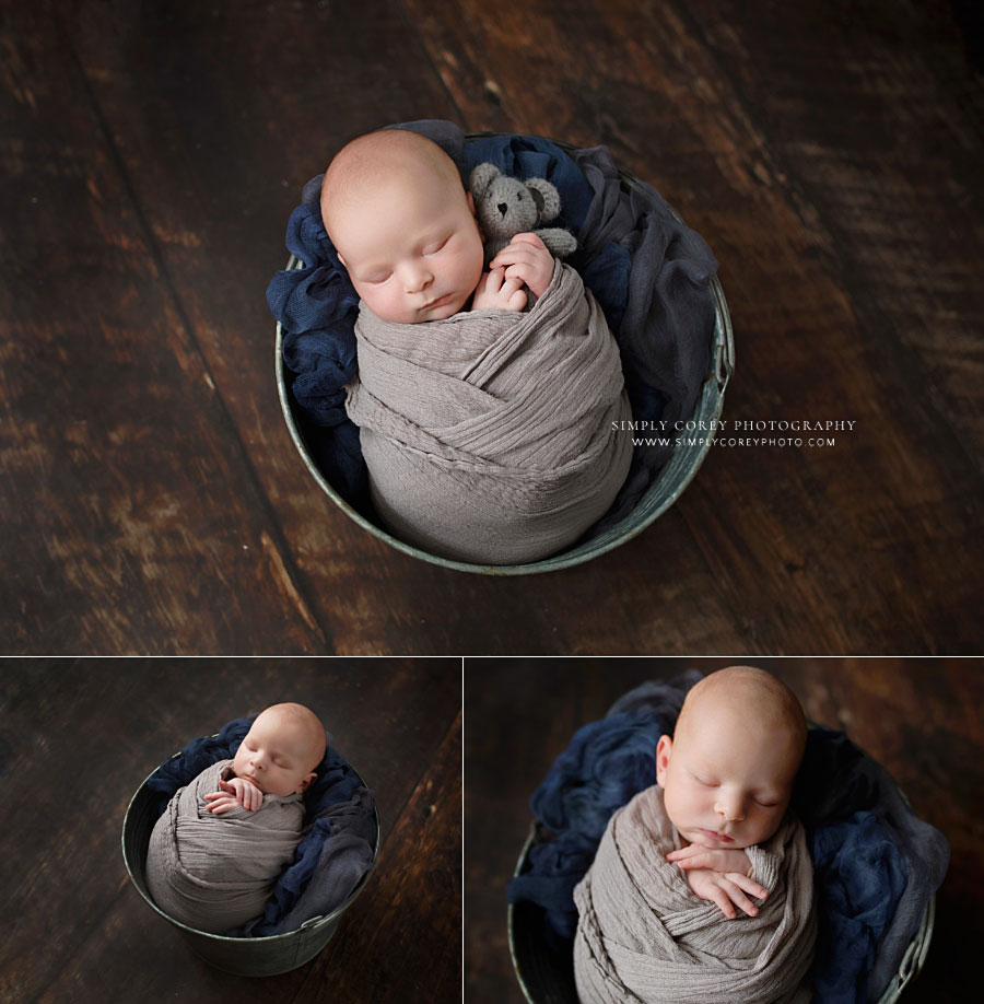 Douglasville newborn photographer, baby boy in blue and gray with bucket