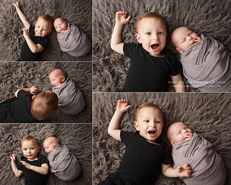 newborn photographer near Douglasville, funny sibling photos with rowdy toddler and baby