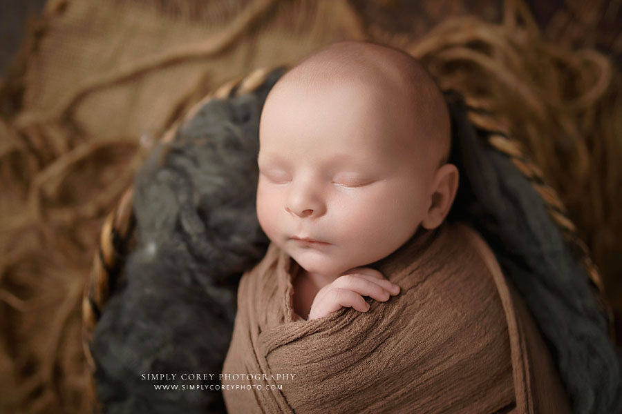 newborn photographer near Mableton, baby boy in brown and gray studio set