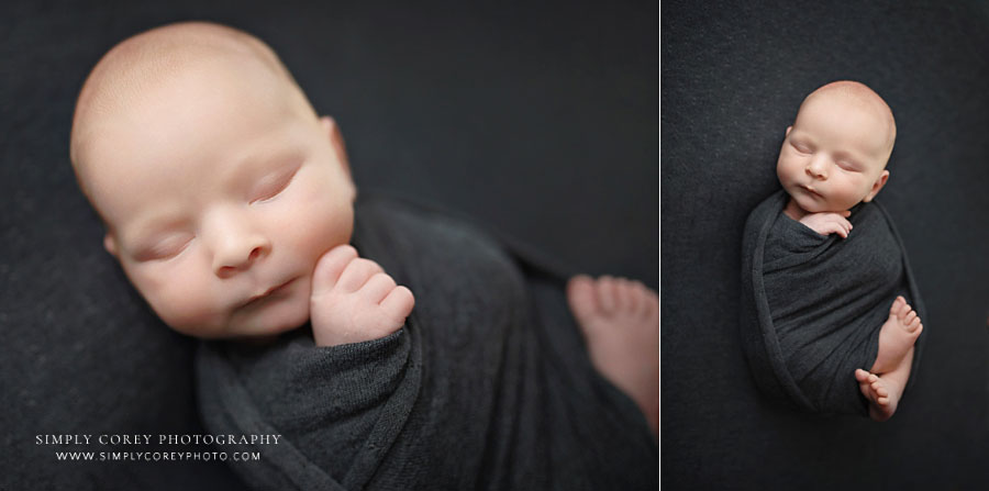 newborn photographer near Newnan, baby boy studio session with gray wrap