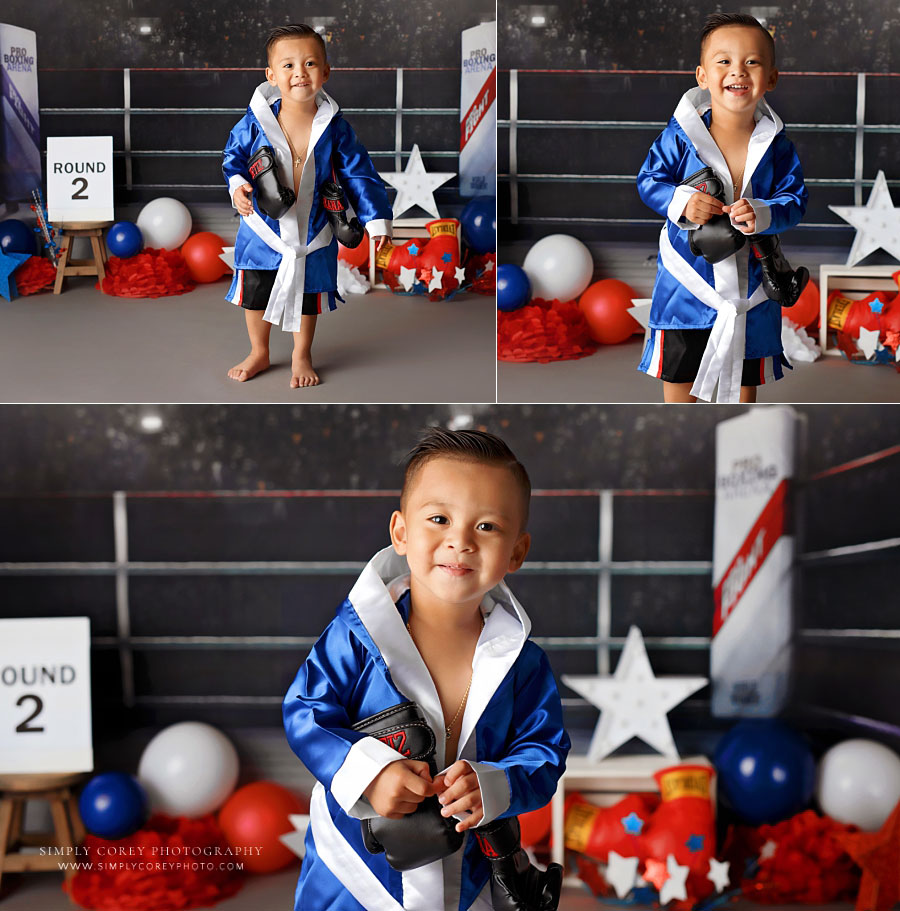 baby photographer near Mableton, toddler in boxing robe for studio milestone session