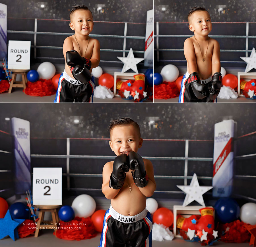 baby photographer near Newnan, studio 2 year milestone session with boxing theme