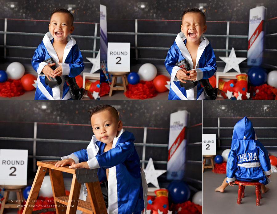 baby photographer near Villa Rica, two year milestone session with boxing theme in studio