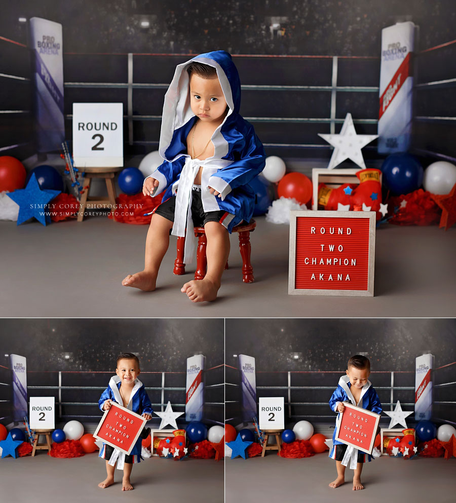 Bremen baby photographer, 2 year milestone session with boxing theme in studio