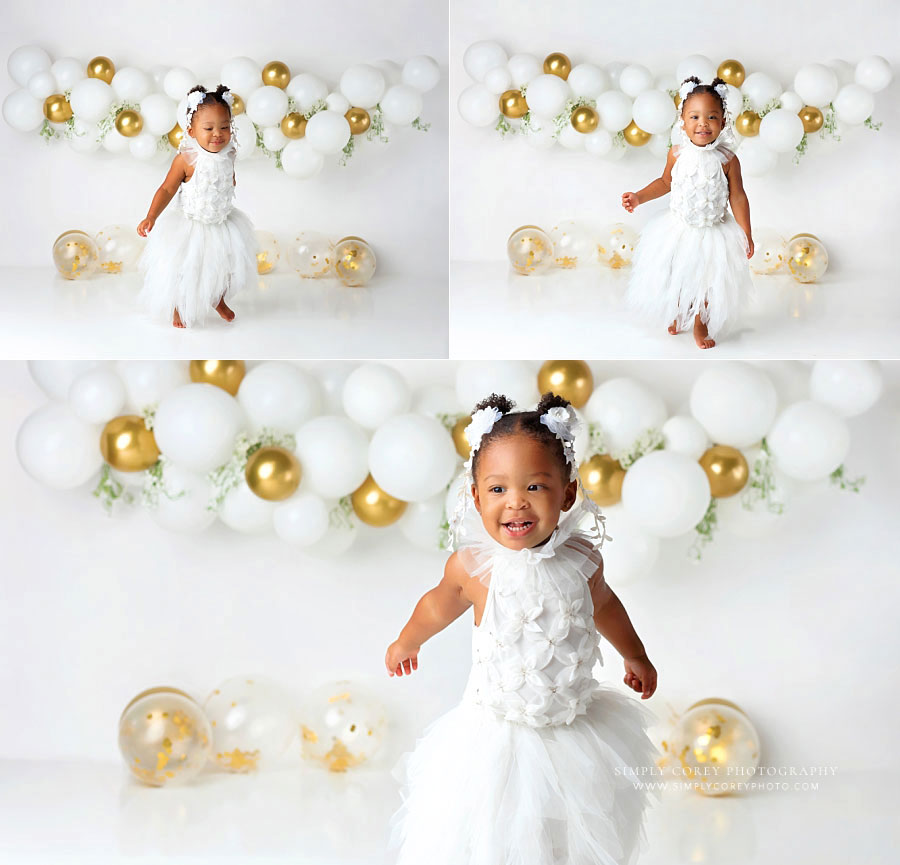 baby photographer near Dallas, GA; white and gold milestone session for first birthday