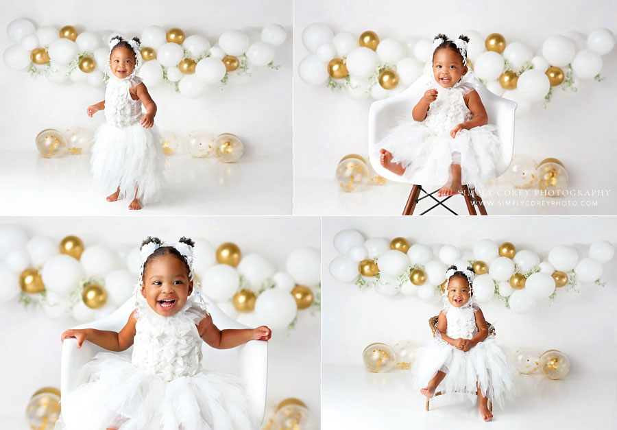 baby photographer near Douglasville, white and gold balloon garland for 1 year milestone session