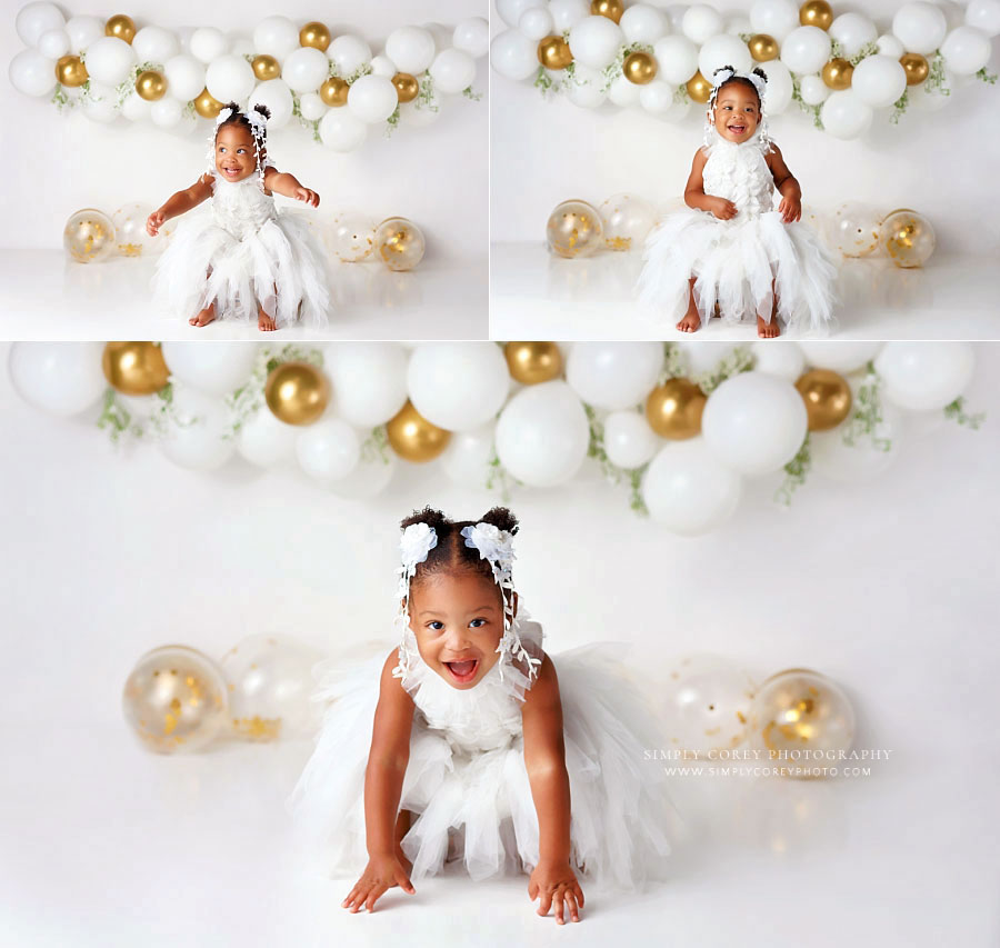 Bremen baby photographer, white and gold one year milestone session for baby girl