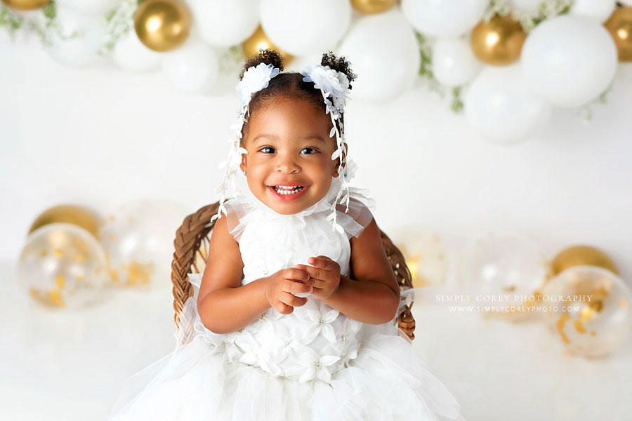 Carrollton baby photographer in Georgia, white and gold studio milestone session