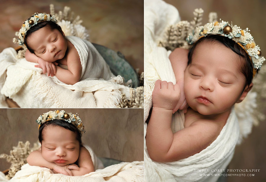 Bremen newborn photographer, baby girl in ivory studio set with flower crown