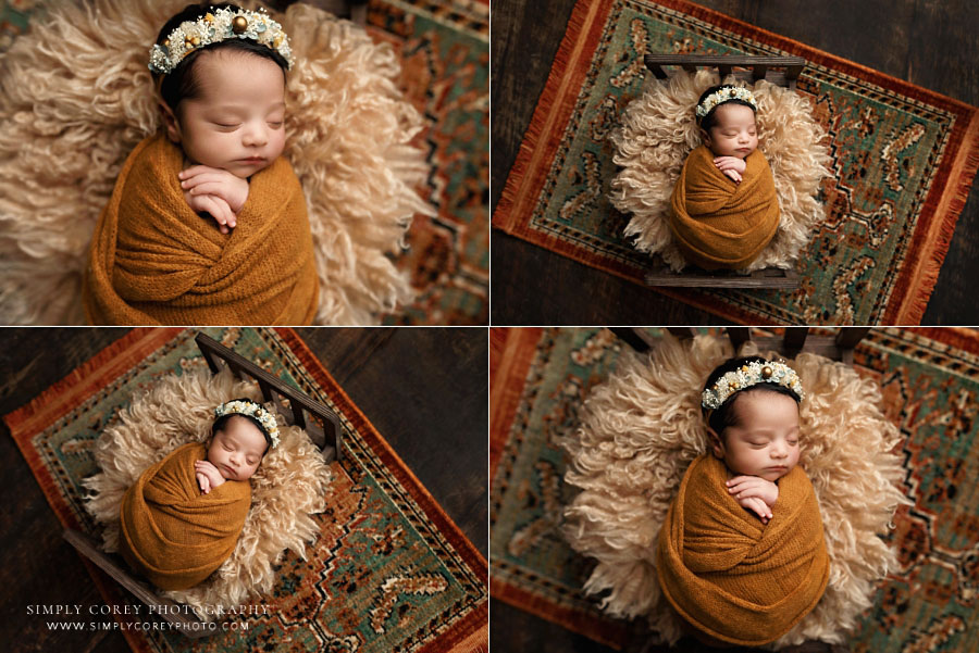 Mableton newborn photographer, baby girl with gold green and orange set