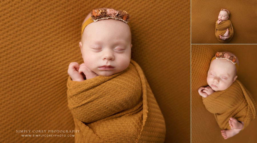 West Georgia newborn photographer, baby girl in mustard wrap and headband