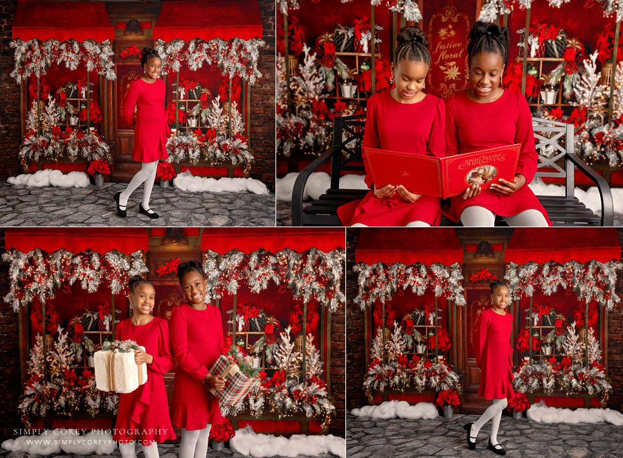 mini session photographer near Dallas, GA; children on poinsettia Christmas studio set