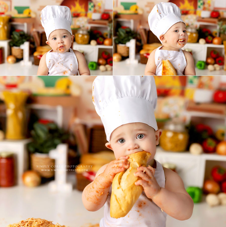 baby photographer near Villa Rica, boy with Italian bread for spaghetti cake smash session in studio
