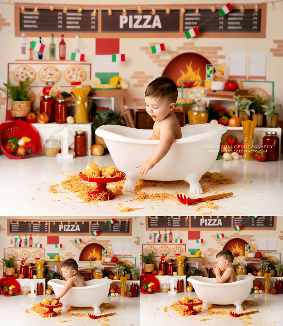 Douglasville cake smash photographer, baby in tub on spaghetti themed studio set