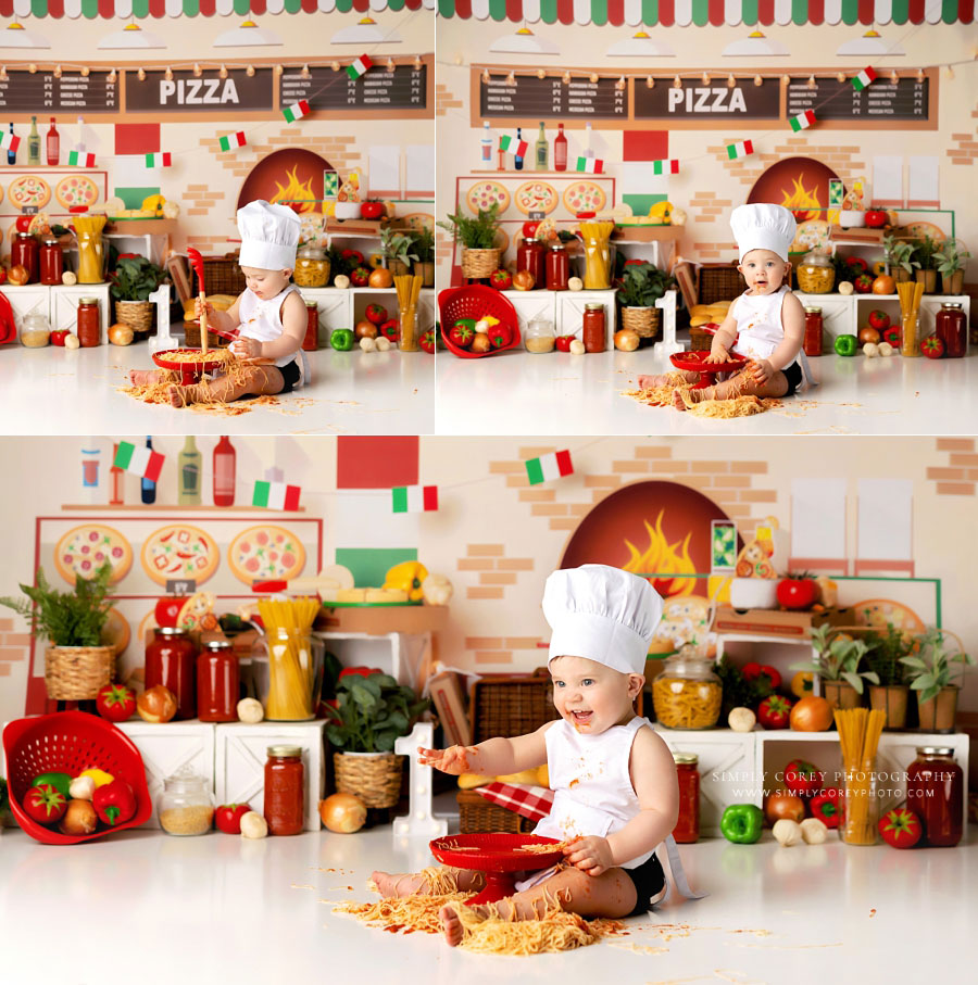 Villa Rica cake smash photographer, baby in chef hat and apron for spaghetti smash in studio