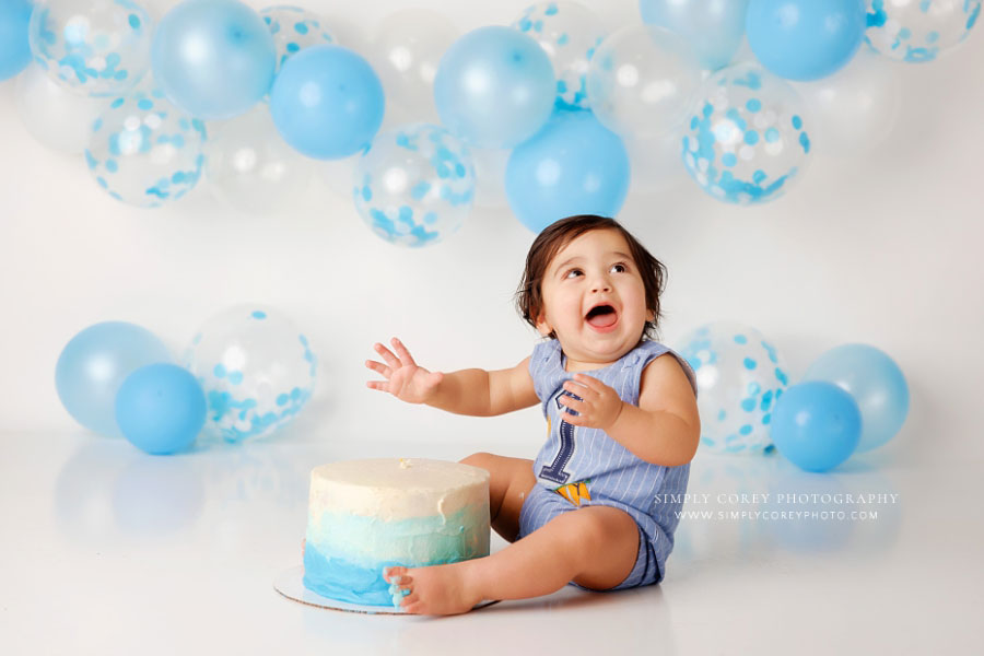 Atlanta baby photographer, simple blue and white cake smash in studio
