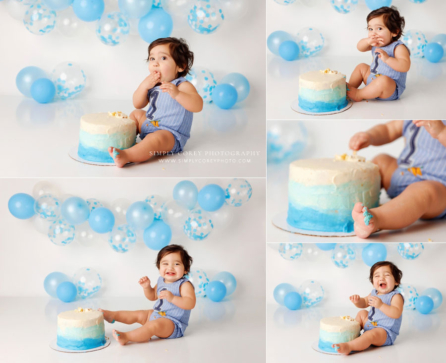 baby photographer near Peachtree City, simple cake smash session in studio with balloons