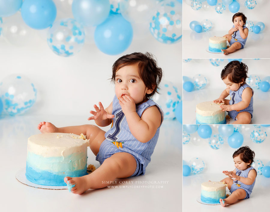 Douglasville cake smash photographer, baby boy with ombre blue and white cake in studio