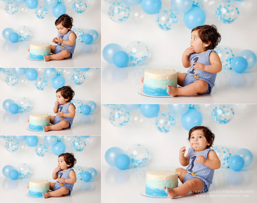 Villa Rica cake smash photographer, baby boy funny expressions in studio