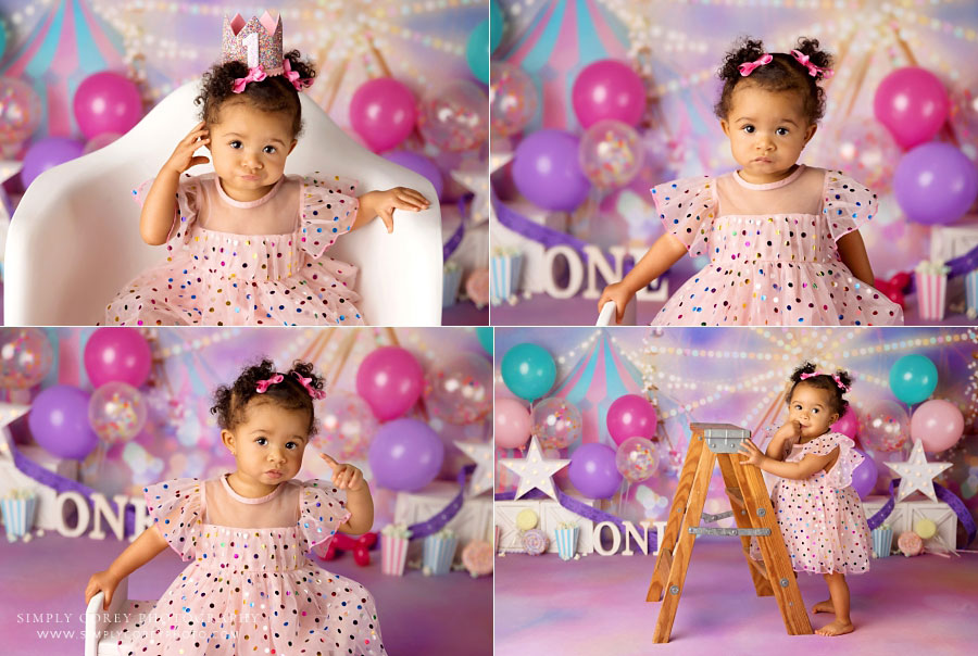 baby photographer near Dallas, GA; milestone session with pink circus theme