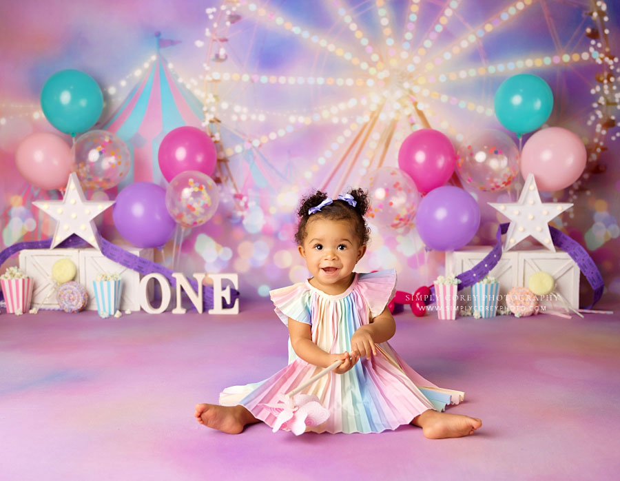 baby photographer near Newnan, pink circus one year milestone session