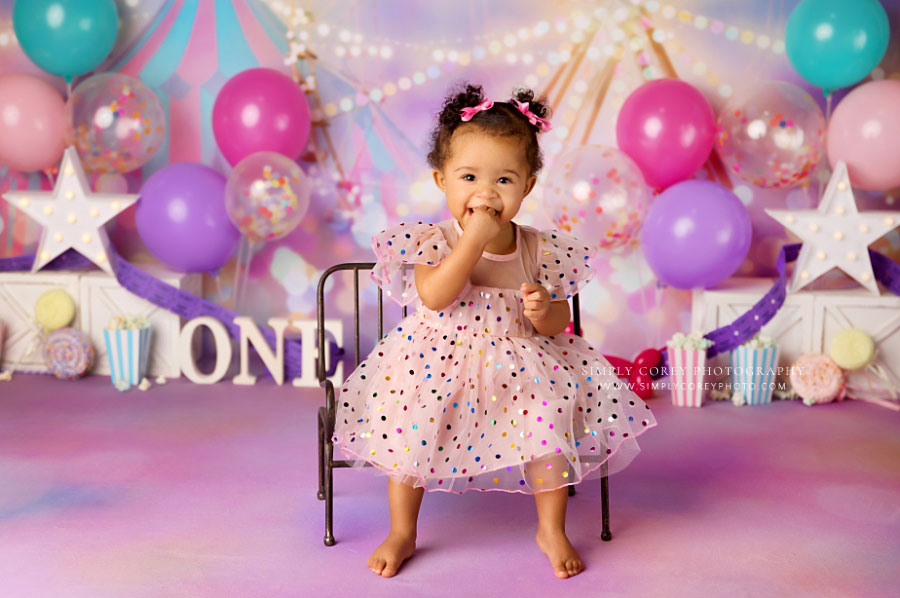 baby photographer near Villa Rica, pink circus studio theme for first birthday