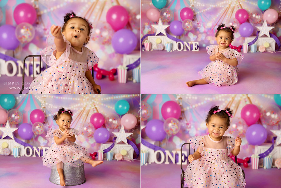 Tyrone baby photographer, one year milestone session with pink circus studio theme