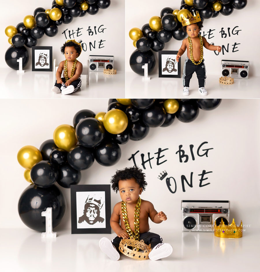 baby photographer near Atlanta, boy in gold chain for Biggie Smalls big one studio milestone theme