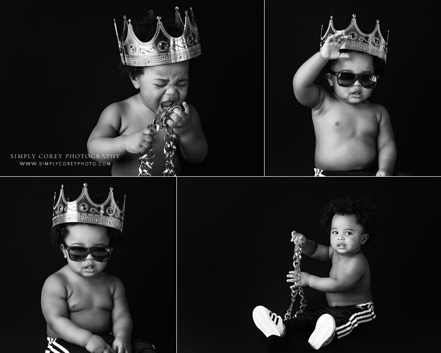 baby photographer near Douglasville, boy in crown for Biggie Smalls big one milestone session