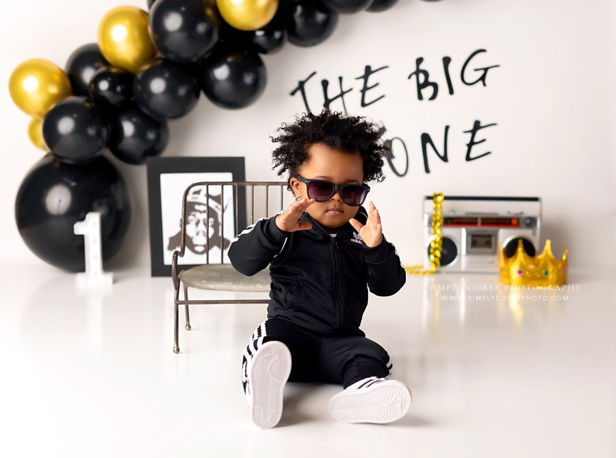 Villa Rica baby photographer, boy in sunglasses for the big one studio milestone theme