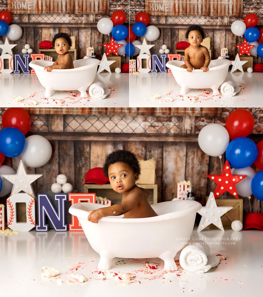 Powder Springs cake smash photographer, baby in tub for splash on baseball studio set