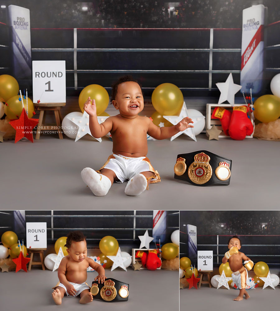 baby photographer near Dallas, GA; boy smiling for boxing champ milestone session