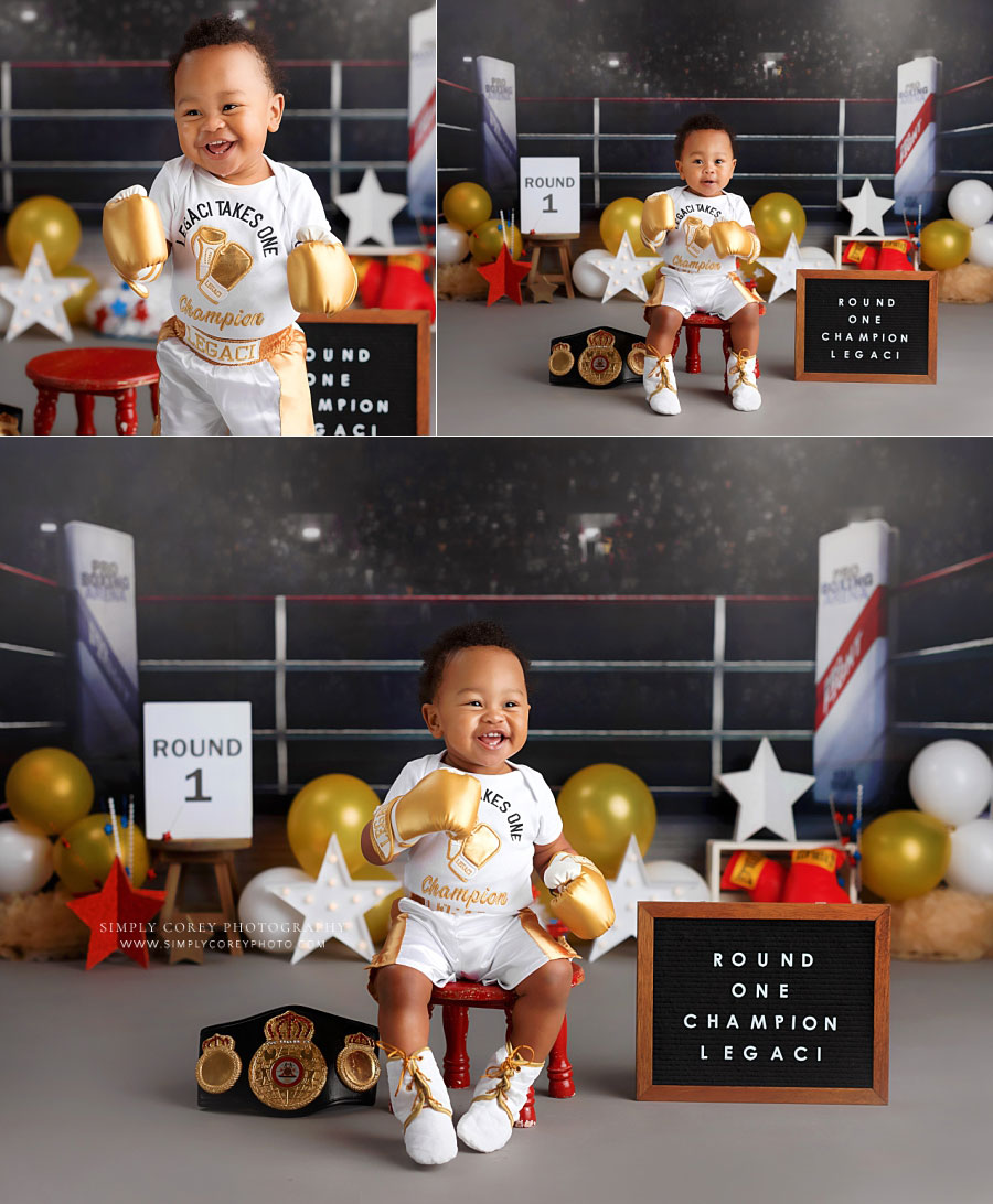 baby photographer near Douglasville, boy in gold boxing gloves for studio milestone set