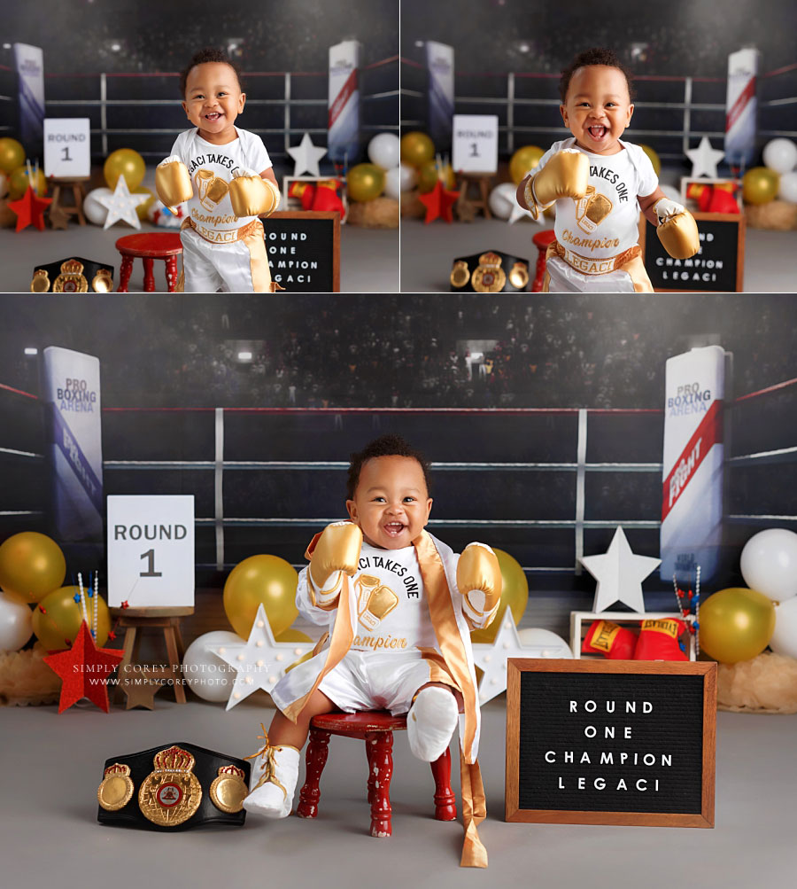 Carrollton baby photographer in Georgia, gold and white boxing milestone theme